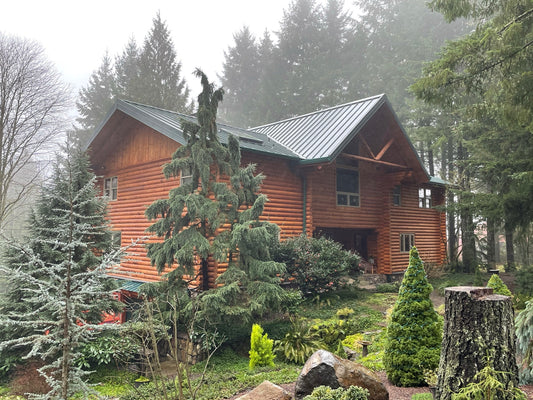 LOG HOME IN THE WOOD WITH LOVITTS EMERALD GOLD STAIN